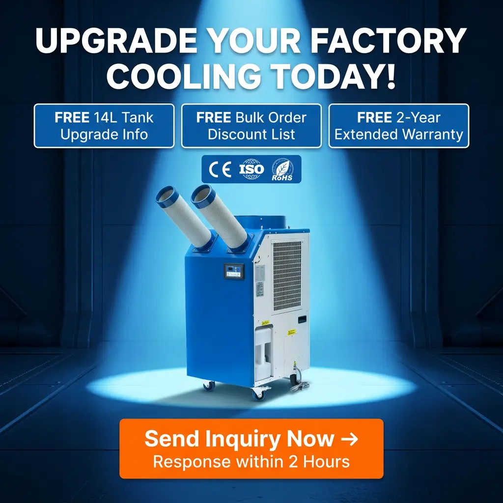 वर्कशॉप के लिए OEM 14L बड़ा टैंक 2700W पावर 9300BTU रोटरी कंप्रेसर पोर्टेबल स्पॉट कूलर औद्योगिक एयर कंडीशनर