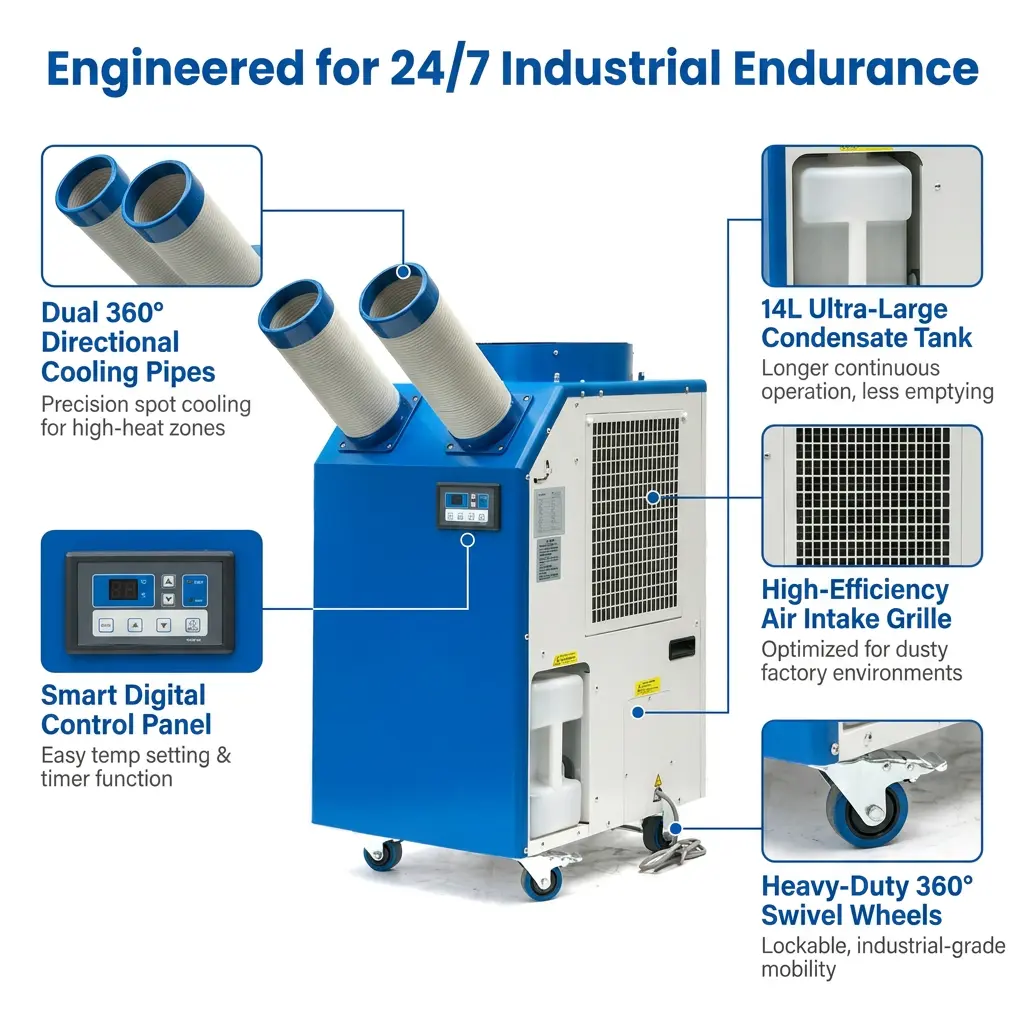 वर्कशॉप के लिए OEM 14L बड़ा टैंक 2700W पावर 9300BTU रोटरी कंप्रेसर पोर्टेबल स्पॉट कूलर औद्योगिक एयर कंडीशनर